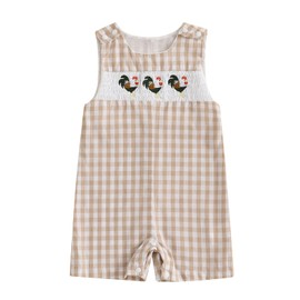 Thilsidee Infant Baby Boy Girl Overalls Outfit Sleeveless Farm Romper Plaid Straps Jumpsuit One Piece Playsuit Summer Clothes (A-Khaki Rooster, 12-18 Months)