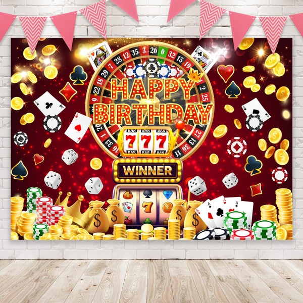 Newsely Casino Happy Birthday Backdrop 7Wx5H Photography Las Vegas Theme