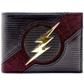 DC Flash Gold Lightning Emblem Outfit Textured Wallet Bi-Fold ID & Card Holder, Black