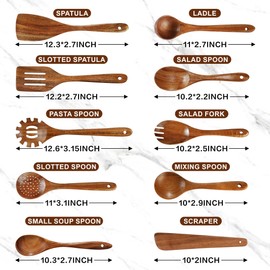 Pleafind Natural Teak Wooden Utensil Set - 10 Pcs, Non-stick Wooden Spoons for Cooking, Soft Comfort-Grip Wooden Cooking Utensils Set, Wood Kitchen Utensil Set for Non-Stick Cookware