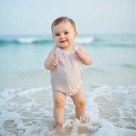 Yxniwxe Newborn Baby Boy Girl Summer Romper Bubble Sleeveless Bodysuit Striped Overalls Jumpsuit Infant Onesie Baby 0-18M (Khaki, 3-6 Months)