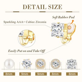 Gold Cubic Zirconia Clip on Earrings - Women Hypoallergenic Comfortable Non Pierced Stud Earrings for Wedding and Dance Competitions, Clip-on Earrings