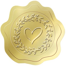 PigPotParty 100 PCS Gold Embossed Wax Seal-Like (Heart) Envelope Seal, Foil Love Stickers for Valentine Day/Wedding/Bridal Shower Invitations-Thank You Greeting Cards-Party Favors, Self-Adhesive