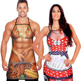 2 Piece Funny Gift Set for Men Women Novelty BBQ Apron Muscle Cooking Aprons Adjustable Waterproof Kitchen Apron for Christmas BBQ Party Adults Couples, kitchen style