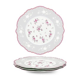 fanquare 8 Inch Porcelain Dessert Plates Set of 4, Lace Serving Bowls Set for Salad, Soup, Pasta, Snack, Pink Roses