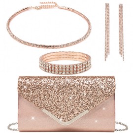 YYW 4 Pieces Women Evening Handbag Clutch Purse Bag Sliver Rhinestones Sparkle Crystal Jewelry Set for Bride Wedding Evening Party (Champagne), Champagne, One Size