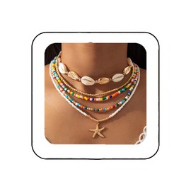 Reaky Boho Beaded Necklaces Gold Starfish Layered Necklace 5 Pcs Seashell Necklaces Summer Beach Accessories for Women