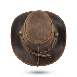 Leatherick Cowboy Hats for Men - Braided Western Aussie Style Wide Brim Vintage Outback Hats with Chin Cord (XL, Light Brown)