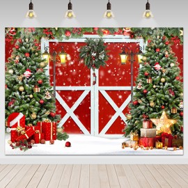 Avezano Christmas Photography Backdrop Rustic Vintage Wooden Red Barn Door Photo Background Snowy Christmas Trees Holiday Family Portrait Background Photo Studio Booth Props (7x5ft)