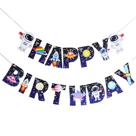 Astronaut Happy Birthday Banner, Space-Themed Garland with Planets and Rockets Design, Kids Outer Space Birthday Decorations, Colorful Wall Hanging Letter Bunting for Children's Party Supplies