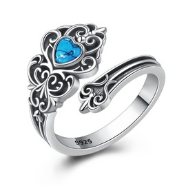 S925-Sterling-Silver Turquoise Spoon Ring - Vintage Boho Victorian Style Antique Floral Adjustable Thumb Rings Jewelry Gifts for Women (Blue Turquise)