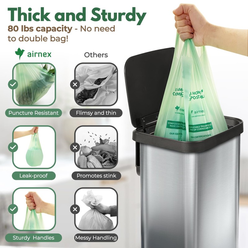 AIRNEX Compostable Kitchen Trash Bags 13 Gal - Cornstrarch Leakproof