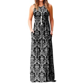 EUOVMY Sleeveless Maxi Dress for Women Floral Black White Small Crewneck Boho A-line Casual Hawaiian Sundress Flowy Party Spring Summer Beach Vacation Beach Long Bodycon Dresses with Pockets