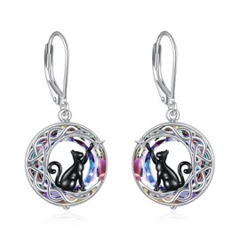 VONALA Purple Crystal Moon Cat Earrings for Women 925 Sterling Silver Cat Leverback Earrings Dangle Black Cat Jewelry Gifts
