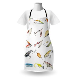 Lunarable Fishing Apron, Hook Set Tool Equipment Hand Gathering Sports Hobby Nautical Theme Artwork, Unisex Kitchen Bib Apron with Adjustable Neck for Cooking Baking Gardening, Multicolor