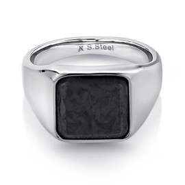 Gem Stone King Men's Stainless Steel Black Carbon Fiber Inlay Pinky Thumb Square Signet Pinky Thumb Band Ring (8MM Width, Available in Size 9, 10, 11, 12), Stainless Steel, empty