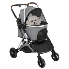 Generic Pet Stroller 3 in 1, 4 Wheels Folding Dog Stroller with Detachable Carrier & Storage Basket, Lightweight Travel Stroller for Puppies Doggies Kitties, Grey