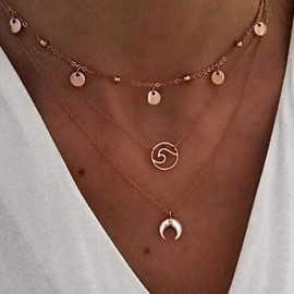 Yienate Bohemia Necklace Vintage Sequins Wave Crescent Moon Pendant Gold Chain Jewellery for Women and Girls