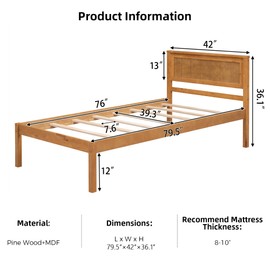 THINK 30 Wood Platform Bed, Bed Frame with Headboard, Wood Slat Support, No Box Spring Needed, Twin, Oak