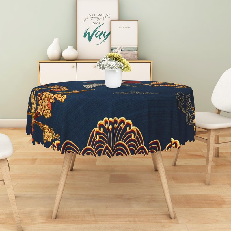 Japanese Style Tablecloth for Round Table 70 Inch Golden Cherry