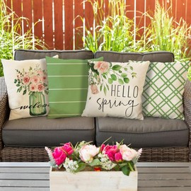 RABUSOFA Spring Pillow Covers 18x18 Inch Set of 4 Outdoor Spring Decorations for Home,Green Farmhouse Decor Throw Decorative Cushion Covers for Couch Patio