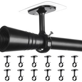 No Drilling Ceiling Curtain Rod Brackets Holders, 12 Pcs Sticky No Screw Curtain Rod Holder, No Hole No Damage Curtain Rod Hanger for 0.8 to 1.24 Inches Rod(Black)