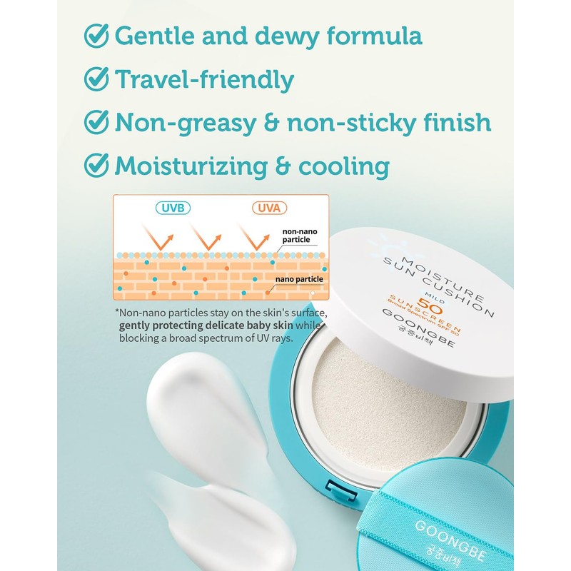 GOONGBE Korean Moisture Sun Cushion Mild SPF50, 0.81oz – Zinc