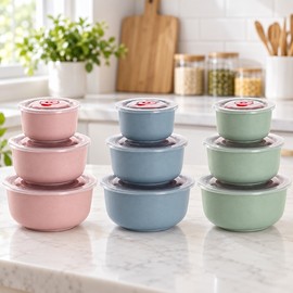 3-Piece Wheat Straw Food Storage Bowl Set for Meals – Microwaveable Round Bowls with Lids for Home & Lunch