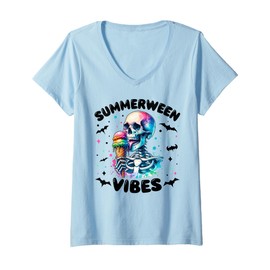 Womens Summerween Vibes Skeleton Ice Cream Summer Vacation Funny V-Neck T-Shirt
