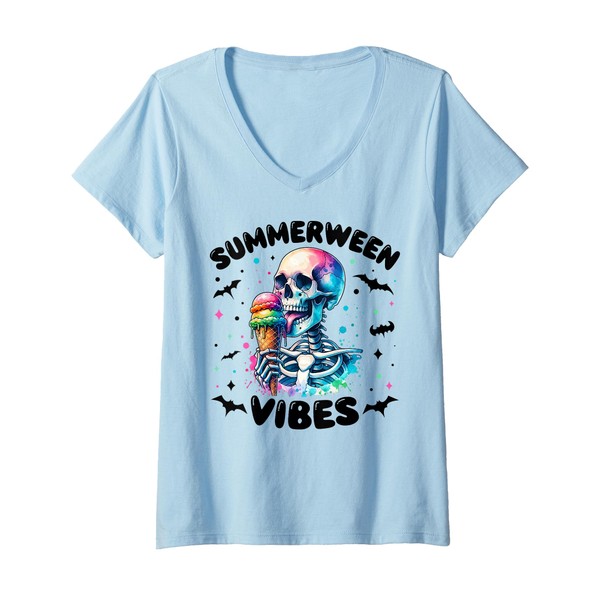 Womens Summerween Vibes Skeleton Ice Cream Summer Vacation Funny V-Neck