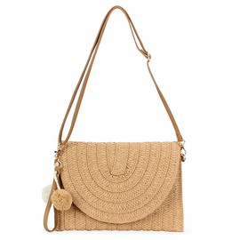 XFSRG Beach Bag Women's Straw Woven Handbag Women's Clutches Bohemian Woven Clutch Woven Bag Small Wedding Evening Bag Straw Beach Bags Summer Bags for Girls, light brown