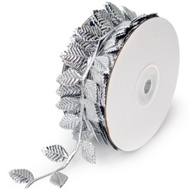 Christmas Gold Ribbon Garland,Christmas Decorations,33 Feet Xmas Gold Ribbon for Christmas Tree,Gold Leave Ribbon Garland DIY Crafts for Gift Wrapping,Christmas Tree Decorations (Silver)