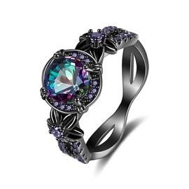 Tsnamer Gothic Black Rings for Women, Mystic Rainbow Topaz with Created Amethyst Flower Goth Black Gold Wedding Engagement Ring Size 6 to 11, 6, Metal, Cubic Zirconia