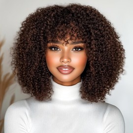 DÉBUT Glueless Bob Wigs Brown Human Hair Short Curly Wigs with Bangs Wear and Go Kinky Curly Brazilian Hair Wigs 200% Density for Black Women Brown 12 Inches