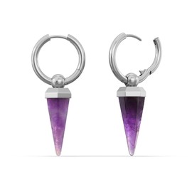 PUNKYOUTH Punk Goth Crystal Spike Hoop Earrings – 925 Silver Post 18G (1 mm) Statement Dangle Accessory, Opalite or Amethyst Stone Drop, Witchy Halloween Alternative Concert Gift for Women Men