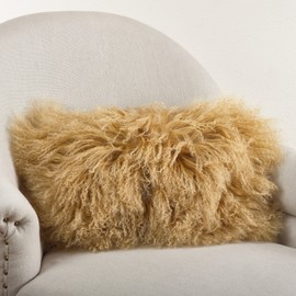 Saro Lifestyle 100% Wool Mongolian Lamb Fur Throw Pillow with Poly Filling, 12" x 20", Gold
