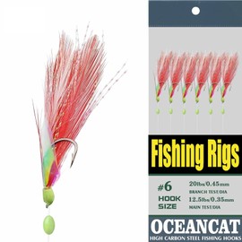 OCEAN CAT 10 Packs 2pcs White & Red Feather & Rainbow Skin 6 Hooks Saltwater String Hook SBK Fishing Luer Bait Rig Tackle (2 Feather&Rainbow Skin, 9#-10 Packs)