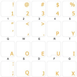 Dvorak Keyboard Decals ON Transparent Background with Blue, Orange, RED, White OR Yellow Lettering (Orange)