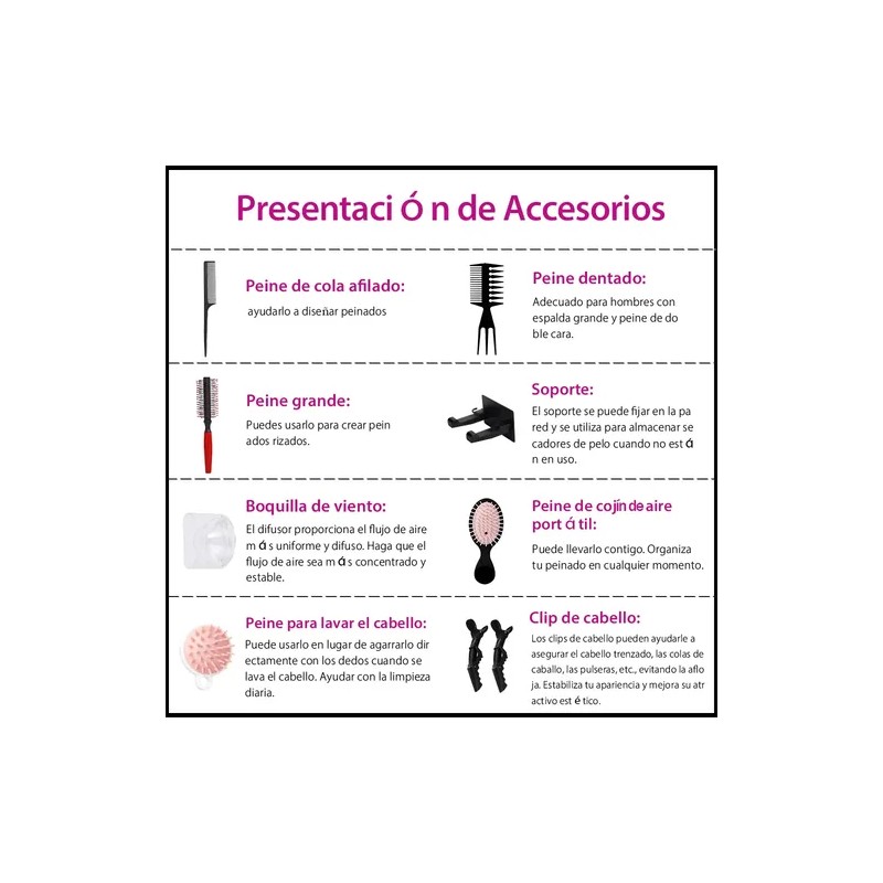 Secadora Cabello Con Difusor Profesional Iones De Aire Frio