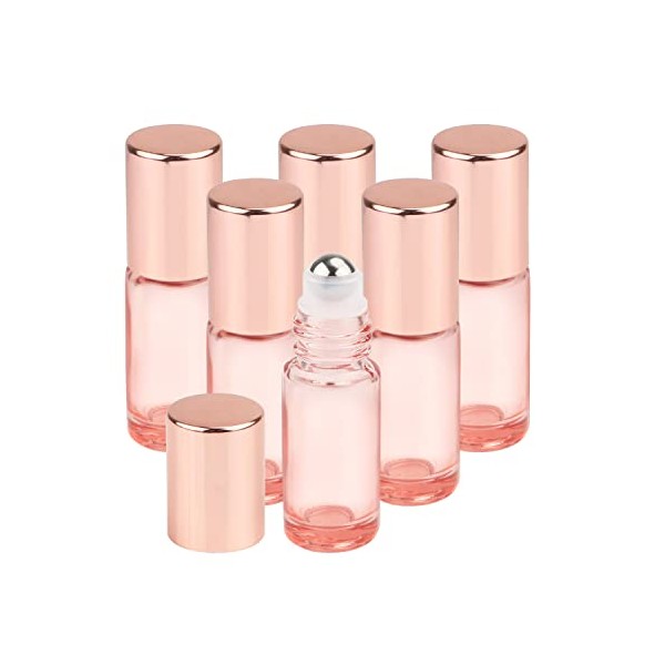 1/6 Oz Pink Glass Roller Bottles,6 Pack 5ml Roll On Bottles With Rose Gold Lids Roller Ball Bottles For Essential Oils Perfume Cosmetic Liquid