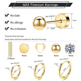 Versatile 8 Pairs Titanium Earrings for Sensitive Ears - Dot Ball Opal Cubic Zirconia, 20 Gauge, Pure Titanium Stud and Hoop Earrings Set - G23 Titanium Earrings with Flat Back for Women (B-Gold)