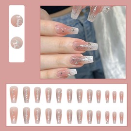 YoYoee Long Coffin False Nails Gradient Press on Nails Glitter Acrylic Fake Nails for Women and Girls 24PCS