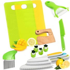 Hartya 13 Pieces Kids Kitchen Knife for Real Cooking，Safe Tools with Wood Kids Knife, Serrated Edges Plastic Toddler Knives, Crinkle Cutter, Sandwich Cutter, Y Peeler & Cutting Boards