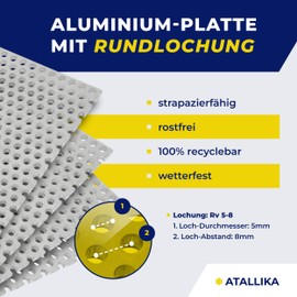 ATALLIKA Perforated Sheet Aluminium Rv 5-8 [350 x 250 mm] - 2 mm Thick Aluminium Sheet with Round Holes 5 mm/8 mm [Weatherproof for Outdoor and Indoor] - Precise Cut from Germany