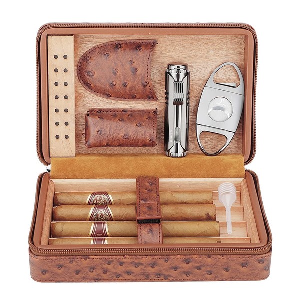 PIPITA Cigar Humidor Portable Travel Humidor,Elegant Leather Pattern Cigar Case with Humidifier and Cigar Cutter Cedar Wood Lined for 4 Cigars with Torch Lighter (Cigars not Included)