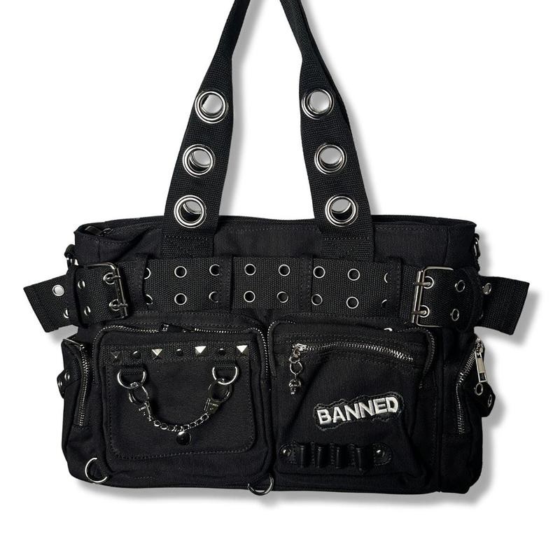 Convertible Belt Shoulder Bags with Grommets:_Black Convertible Belt Shoulder Bag