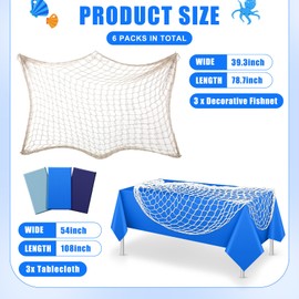 Unittype 6 Pcs Fish Net Decorative and Tablecloth Set, Cotton Fishnet and Plastic Table Cover Decorations Set for Nautical Themed Party Baby Shower Pirate Decorations Mermaid Party (Iridescent Wave)