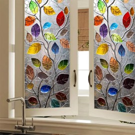 HOMETITUTE Stained Glass Window Film 17.7 x 39.3 Inch Colorful Leaf Window Privacy Film Stained Decals Static Cling Sun Blocking Decor for Home Office Windows Doors Glass Partitions 17.7x39.3 inch