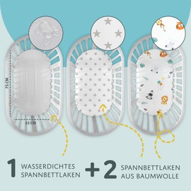 Fitted sheet for stroller and cradle for baby bed Set of 3: 75 x 35 cm - 2x cover with 1x waterproof mattress protector - mattress cover fitted sheet bed sheet Safari white