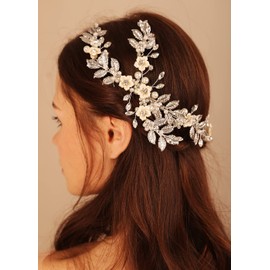 Deniferymakeup Leaf Bride Wedding Hair Vine Comb Flower Hair Accessories Crystal Hair Vine Pearl Bridal Headband Headpiece for Women and Girls (Rose Gold)